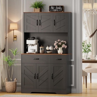 Pantry Cabinet with Drawer and Charging Station Kitchen Hutch Storage Cabinet