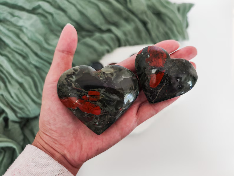 Natural African Bloodstone Heart Palm Stone Healing Crystal Rock Specimen Decor