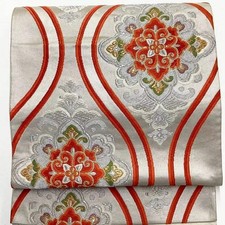 6710 Japanese Vintage Fukuro Obi Belt Kimono Fabric Silk Traditional Silver