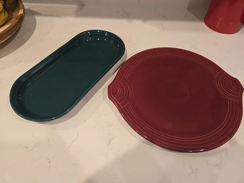 Fiesta Cinnabar 12"x 11" Handled Cake Serving Plate and Evergreen Bread Tray