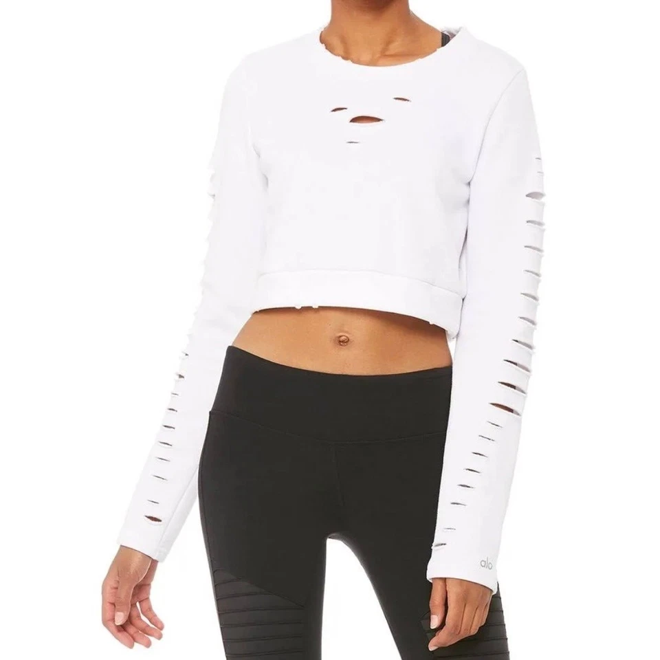 Alo Yoga Ripped Warrior Crewneck Cropped Sweatshirt White Distressed Size XS - Image 2 of 4