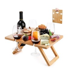 Tirrinia Large Outdoor Wine Table Foldable Portable Bamboo Bottle 4 Glasses New