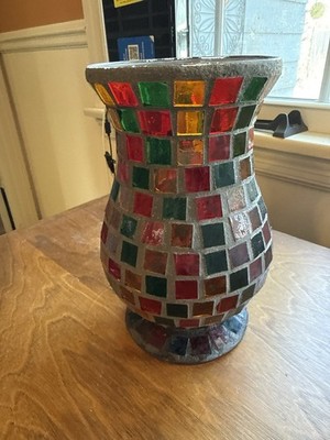 Multicolor Mosaic Glass Vase / Candle Holder 10  Tall Red Green Amber Boho Decor