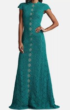 Tadashi Shoji Women's Green Etters Scalloped Illusion Gown Size 12