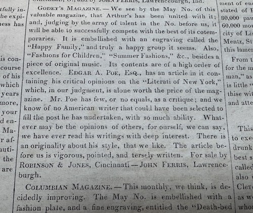 1846 Edgar Allen Poe Critique Opinions Cincinnati Ohio The Casket Newspaper
