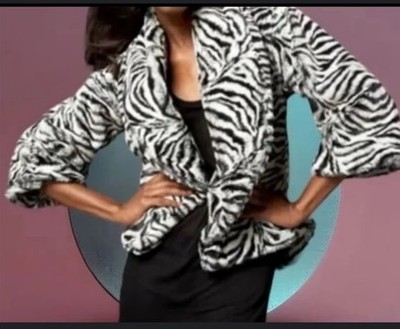 Alice + Olivia FAUX FUR COAT ZEBRA PRINT Coat Women Size Small Shawl Collar