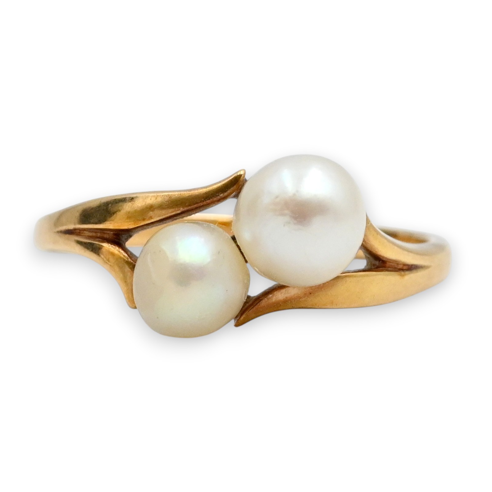 Designer Mikimoto Double Pearl Bypass Ring 14K Yellow Gold Size 6.25 Signed