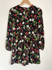 Zara Romper Playsuit Strawberry Floral Black Long Sleeve Keyhole Jumpsuit Size M