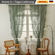 2er Set  Spitzenvorhang Grün Vintage Gardinen mit Blumenstickerei und Rüschen