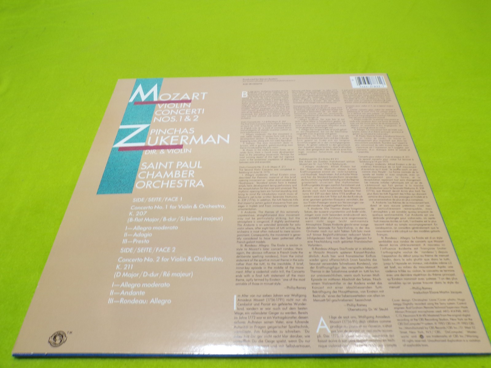 Zuckerman, St. Paul Chamber Orchestra, Mozart Violin 1&2 Vinyl Record. VG+/NM