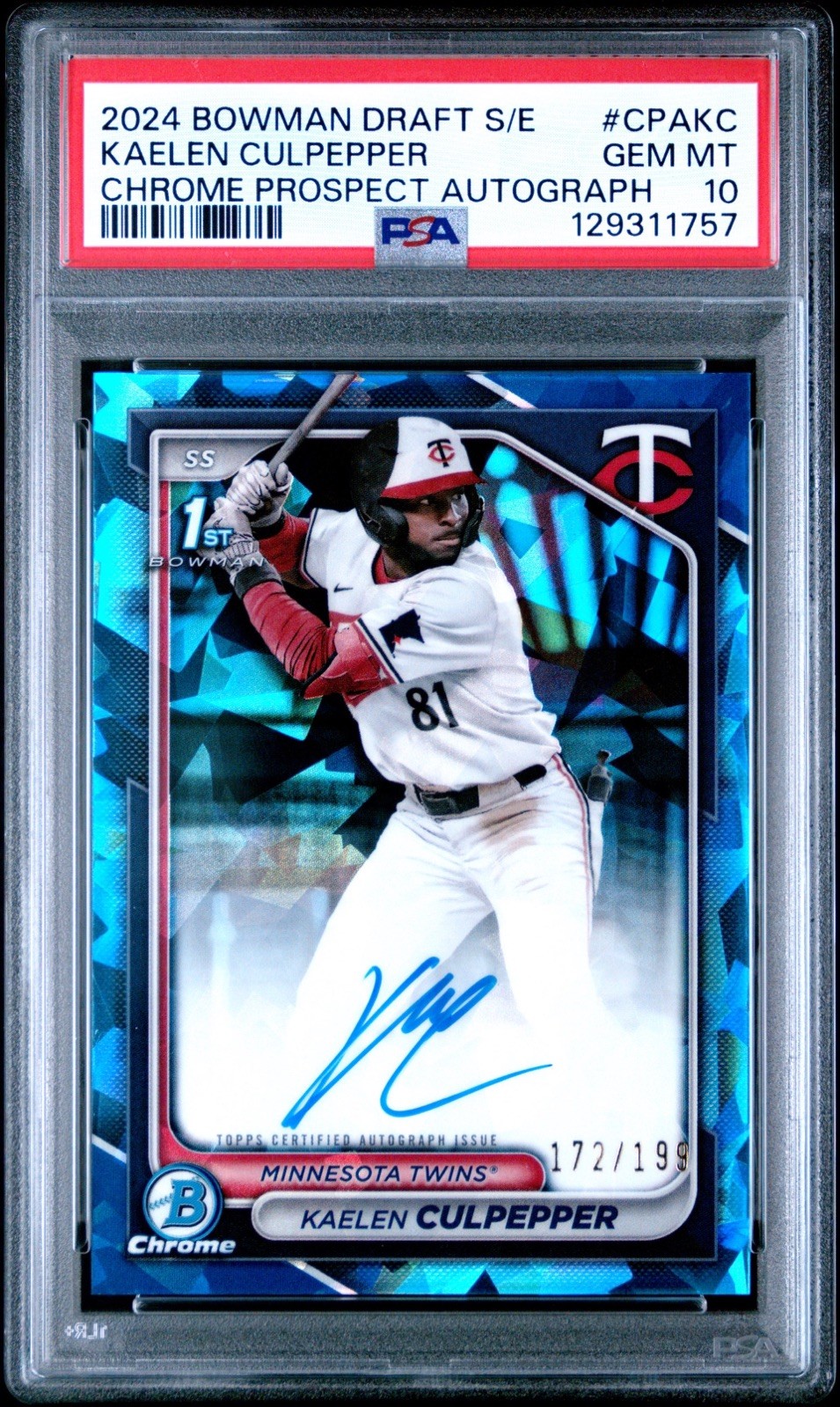 2024 Bowman Draft Kaelen Culpepper 1st Chrome Auto Sapphire CPAKC /199 PSA 10
