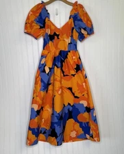 Tabitha Brown Dress Midi 2 Orange Blue Abstract Floral Puff Sleeve Pockets Tie