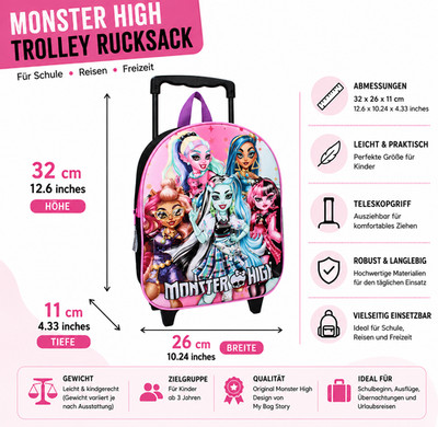 Monster High Rucksack/ Trolley 3D 32 cm für Schule,Kindergarten und Freizeit