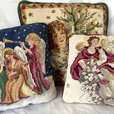 Lot Of 3 Christmas Vintage Wool Needlepoint Pillows Velvet Back Zipper Angels