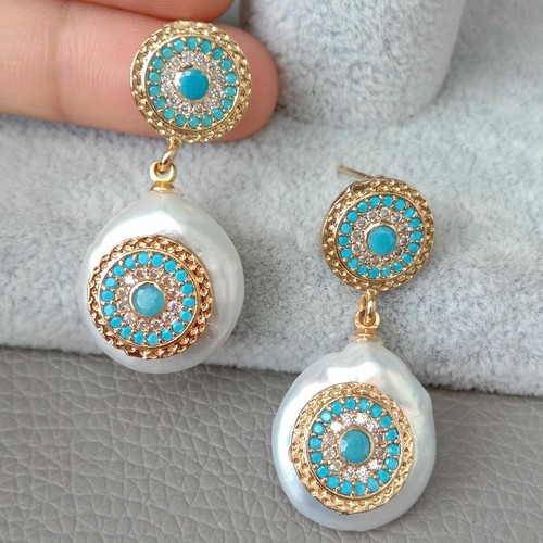 Pendientes de tachuelas de pavimento de moneda blanca cultivada azul perla Cz - Imagen 4 de 8