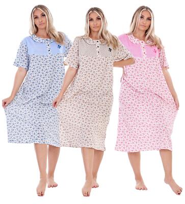 Ladies Cotton Floral Nightdress Button Front Short Sleeve Sleepwear L–3XL  UK