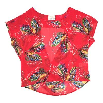 Coveted Clothing Feather Print Chiffon Blouse Size Small Womens Red Open Back S