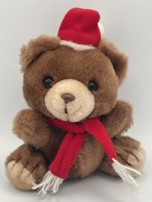 Russ Berrie Small Brown Plush Christmas Bear  Chilly  with Santa Hat Scarf 1980s