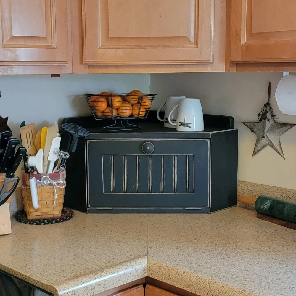 SOLID WOOD CORNER BREADBOX - DISTRESSED - FARMHOUSE - PRIMITIVE - MADE IN USA