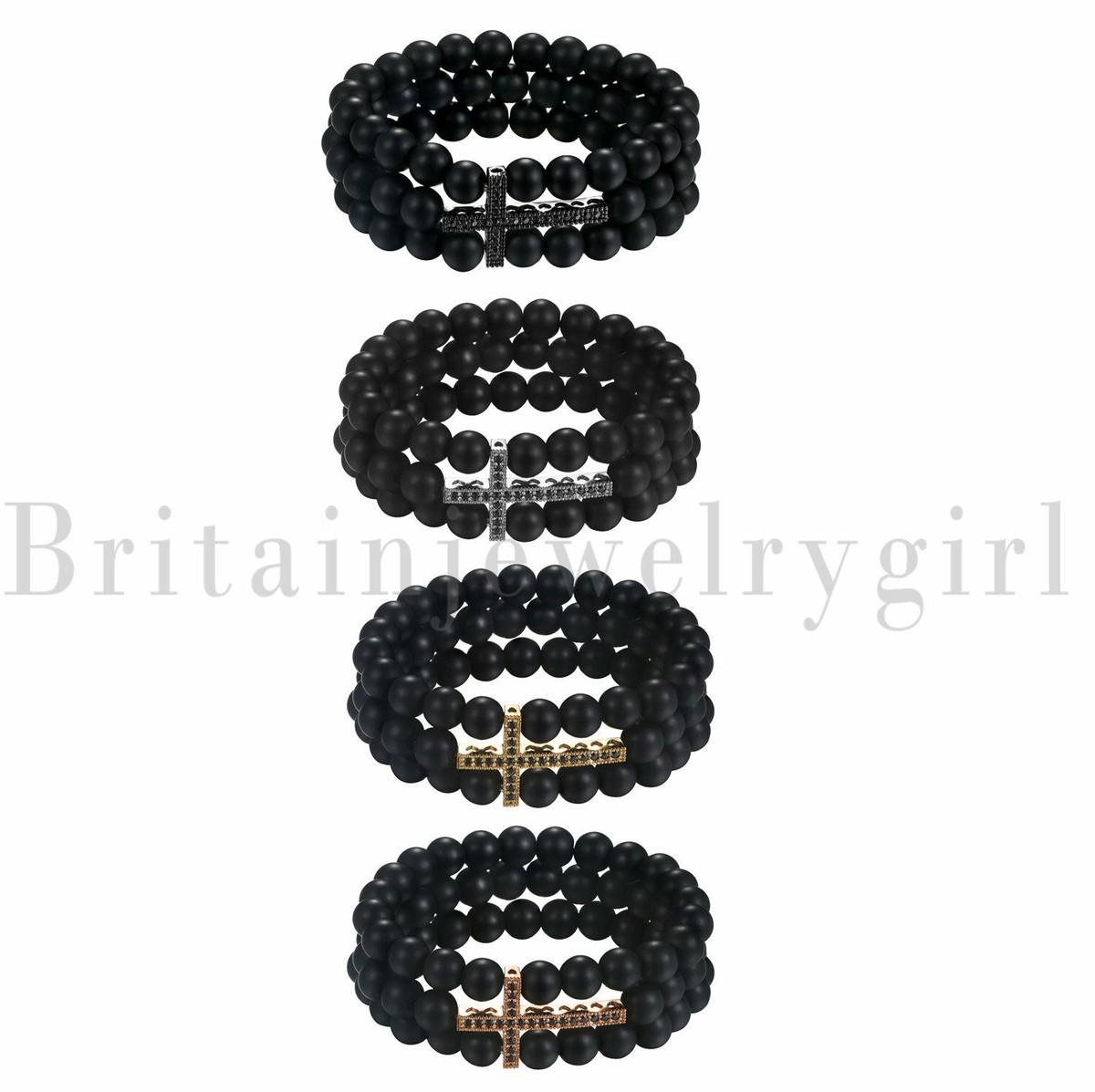 8MM Multi-layer Black Stone CZ Cross Beaded Beads Bracelet