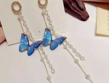Blue Butterfly Long Tassel Earrings
