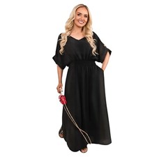 Ladies V-neck Gold Button Sheering Maxi Women Dress