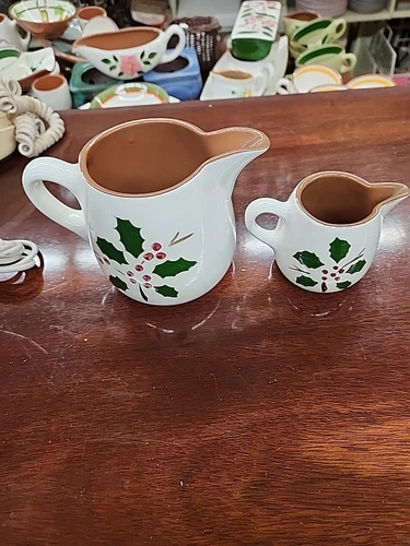 2 Vintage STANGL Pottery HOLLY Berries Green  3"  Creamer & 4.5 Milk Pitcher