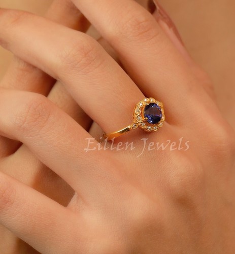 7 mm Brilliant Round Sapphire Ring, Blue Sapphire Engagement Ring Bridal Ring - Picture 5 of 5