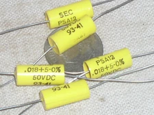 5 NOS SEC PSA12 .018UF .018MFD 50V POLYESTER FILM AXIAL FILTER CAPACITOR USA