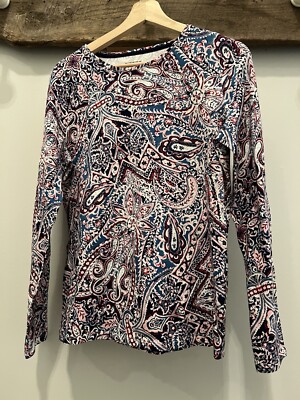 New Talbots Crewneck Tee Women s Scrolling Paisley M Blue Red Pink Floral