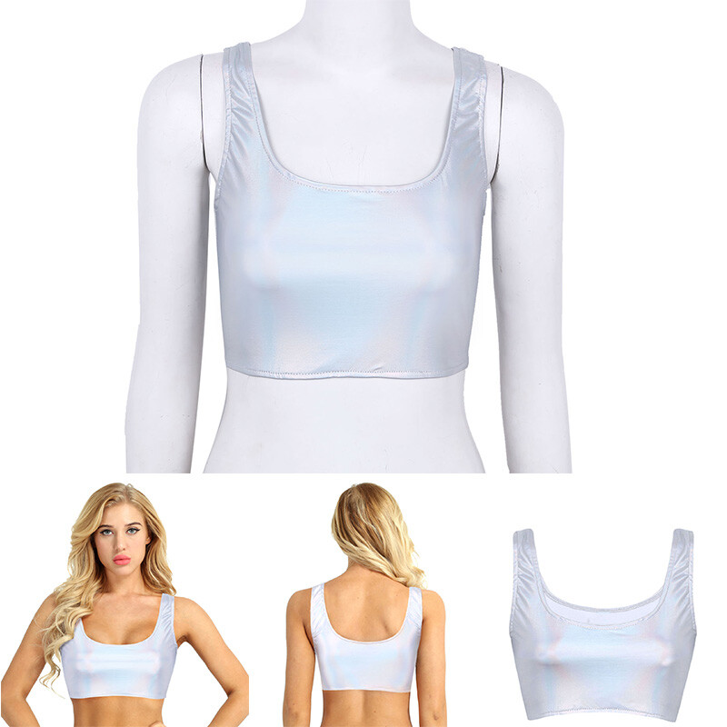 Womens Tops Shiny Clubwear Metallic Crop Top Nightclub Daily Wear Pole ...