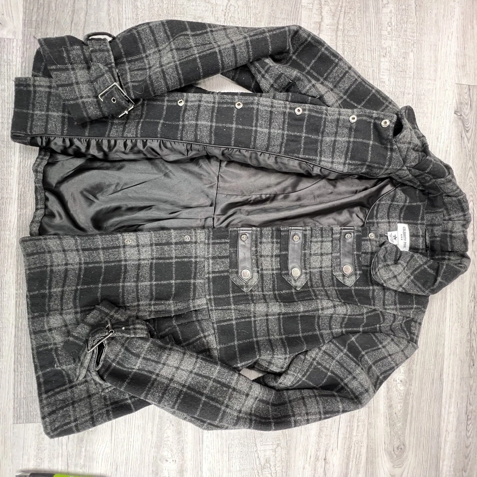 Abrigo rosa celebridad para mujer moda guisante forrado a cuadros bolsillos a presión gris talla L Foto 3 de 4