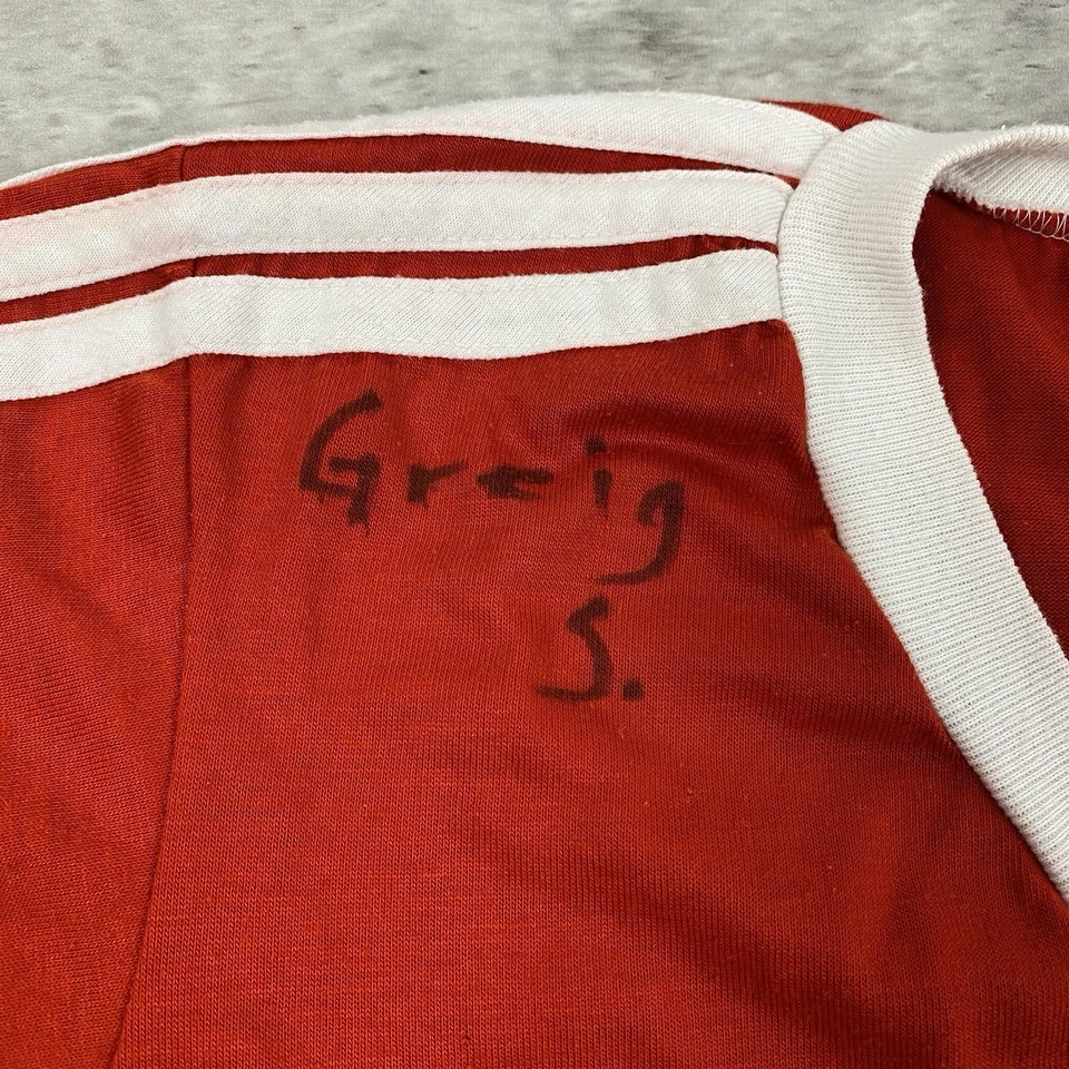 Camiseta vintage años 80 ADIDAS timbre cuello en V TREFOIL XL QUAKES SOCCER CAMP rojo blanco Foto 3 de 4