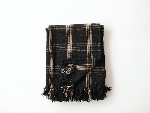 Plaid & Tan Fringed Woven Cotton Blend Throw 60 inch x50 Black - Picture 4 of 8