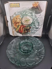 Indiana Glass Chip Dip Tray Madeira Green Raised Fruit Pattern 13” Platter Box