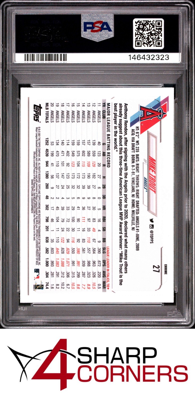 2021 TOPPS CHROME #27 MIKE TROUT ANGELS PSA 10 view 2