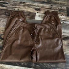 A New Day Faux Leather Brown Joggers Women s Size Med. Elastic Waist Drawstring