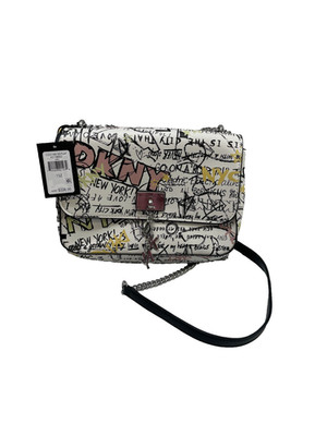 DKNY Cleo Medium Flap Bag Womens Size 1 White Graffiti Crossbody Shoulder Bag