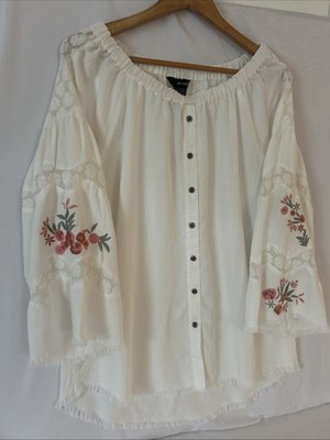 Ali Miles White Embroidered &Lace Raw Hem Tunic Top Size-M Collage Core Hippie