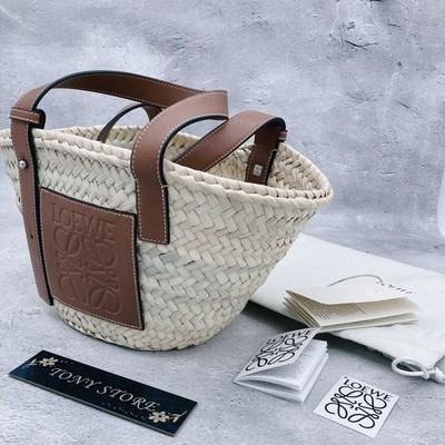 LOEWE Basket Bag Small Natural Tan Raffia Handbag Beige Brown Anagram Leather JP