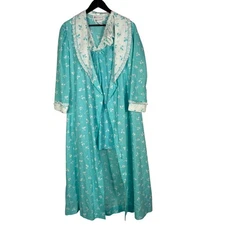 Vintage Vandemere Nightgown Robe Set Women's S/M Aqua Blue Floral Lace Trim USA