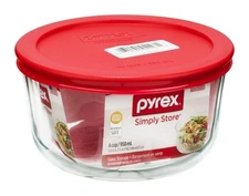 Pyrex 4 Cup Round Glass Food Storage Container with Red Lid BPA Free