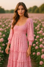 LoveShackFancy Miri Floral Smocked Maxi Dress Pink Cottagecore Luxury M Ruffle