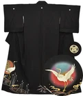 JAPANESE VINTAGE KIMONO SILK SYNTHETIC JACKET ROBE TOMESODE BLACK 3mt3614