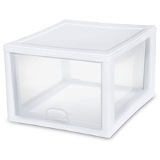 Sterilite 27 Quart Clear White Plastic Storage Bin with One Drawer, 8 Pack