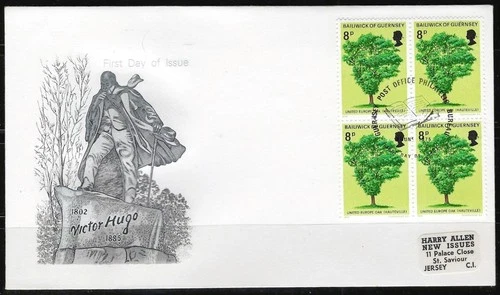 1¢ WONDER'S ~ GUERNSEY VICTOR HUGO UNITED EUROPE OAK FDC BLK4 ALL SHOWN  ~ F64