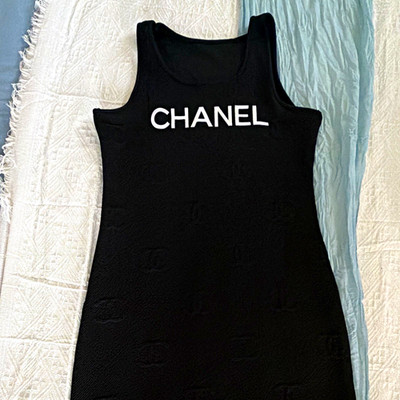 CHANEL Black Mini Tank Dress Womens S Scoop Neck Sleeveless Logo Accent