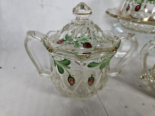 Vtg. Heisey Heavy Glass Creamer Sugar Butter Dish Handpainted Strawberries Set - Picture 7 of 16