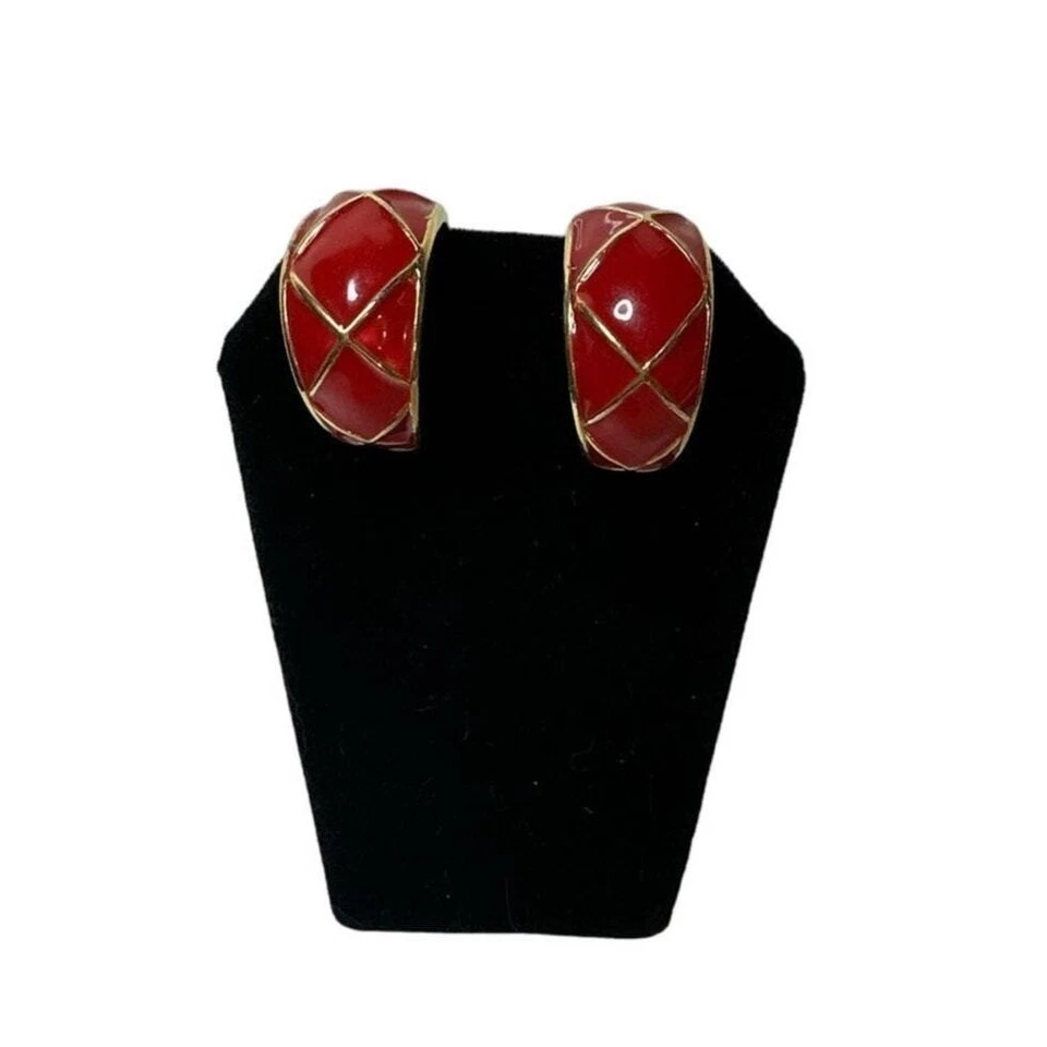 Red Enamel Hoop Earrings Gold Tone Clip On Statement Jewelry - Image 4 of 4