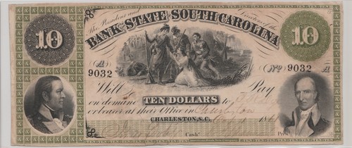 Pieza de $10 del estado de Carolina del Sur de 1861 - sin clasificar/cancelada cruzada - Imagen 1 de 2